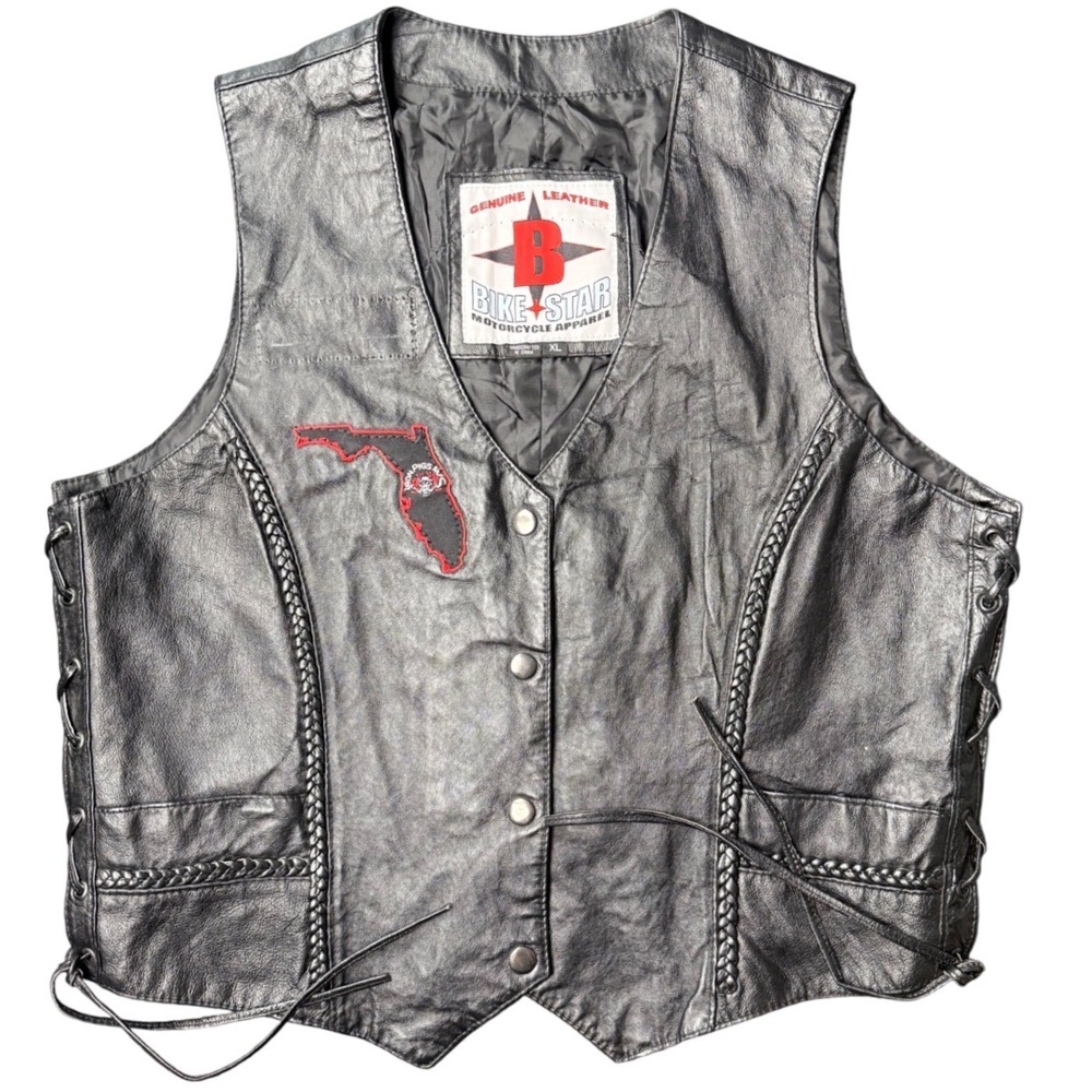 Bike Star Genuine Leather Motorcycle Vest Black Lace Sides XL Florida Patch‎
